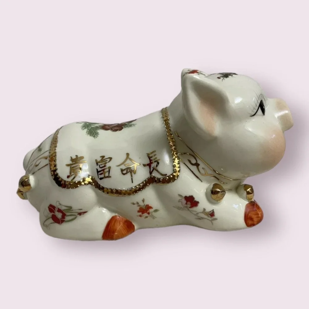 Chinese Floral Ceramic Piggy Bank Home Decor Small White Gold